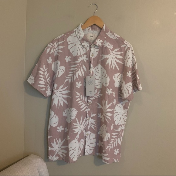 Folk Other - Folk Men’s Kingston Button Down Short Sleeve Shirt Tropical Pink NWT Size Large